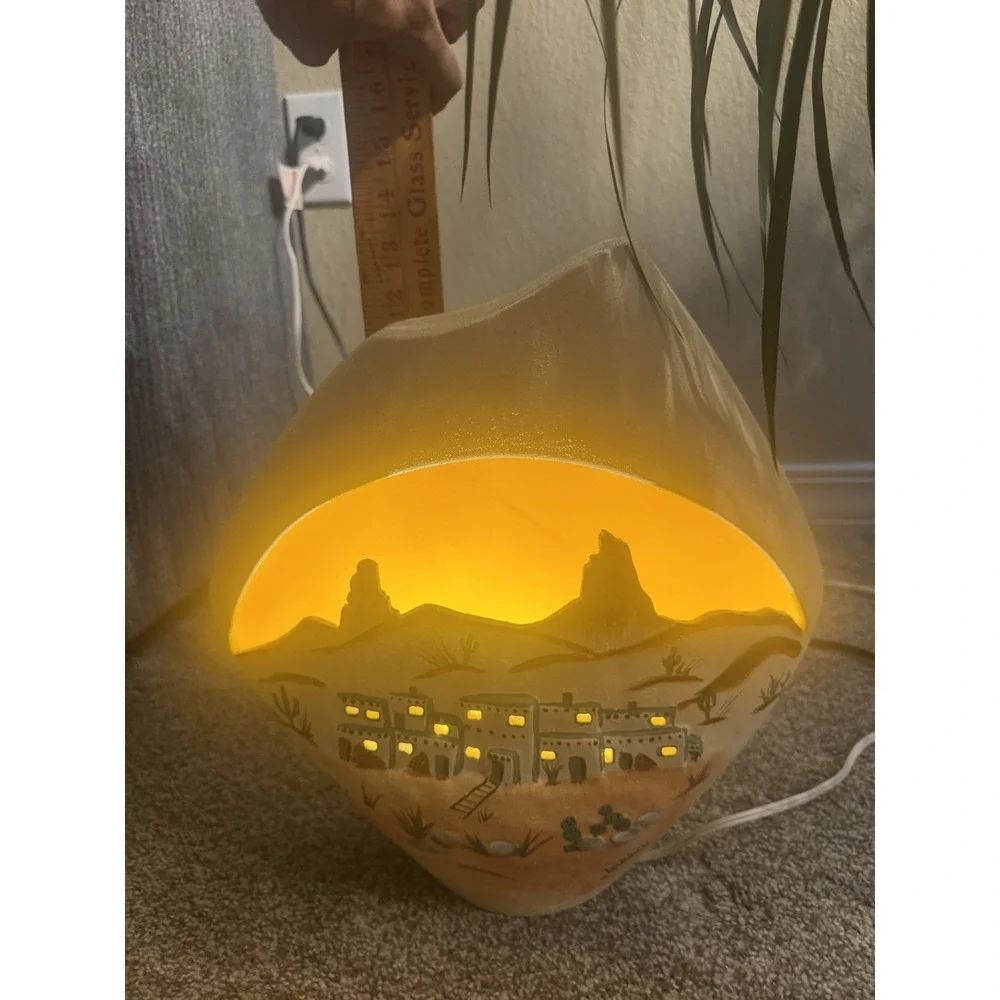 Handcrafted Southwestern Ceramic Table Lamp Pueblo Village Vibrant Sunset Signed